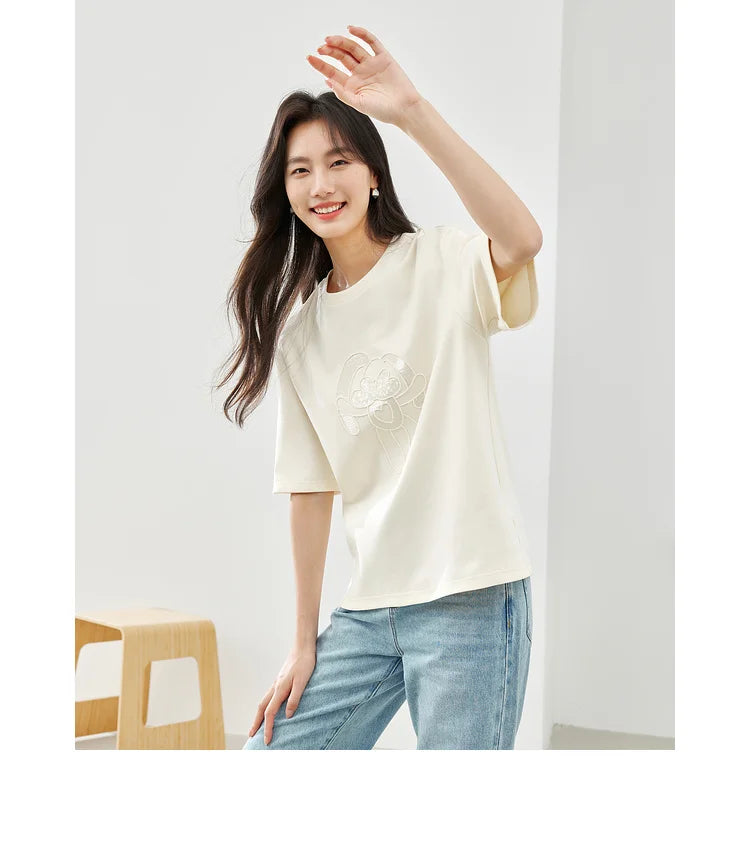 Vimly Summer Short Sleeve Women's T-shirt Simple Round Neck Straight Loose Casual Embroidery Cotton Top Basic Tees M5617