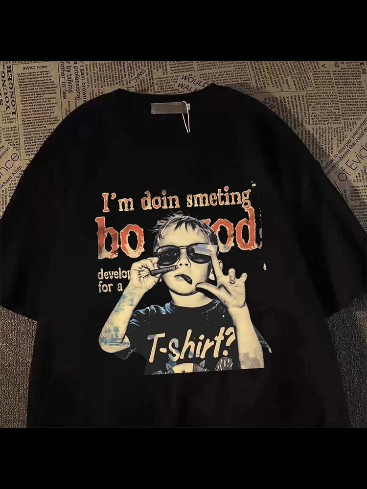 Fashion Hip Hop Smoking boy Print T-shirt Men Summer 100%Cotton Short Sleeve T-shirt Casual Y2k Top Cool Streetwear Men clothing