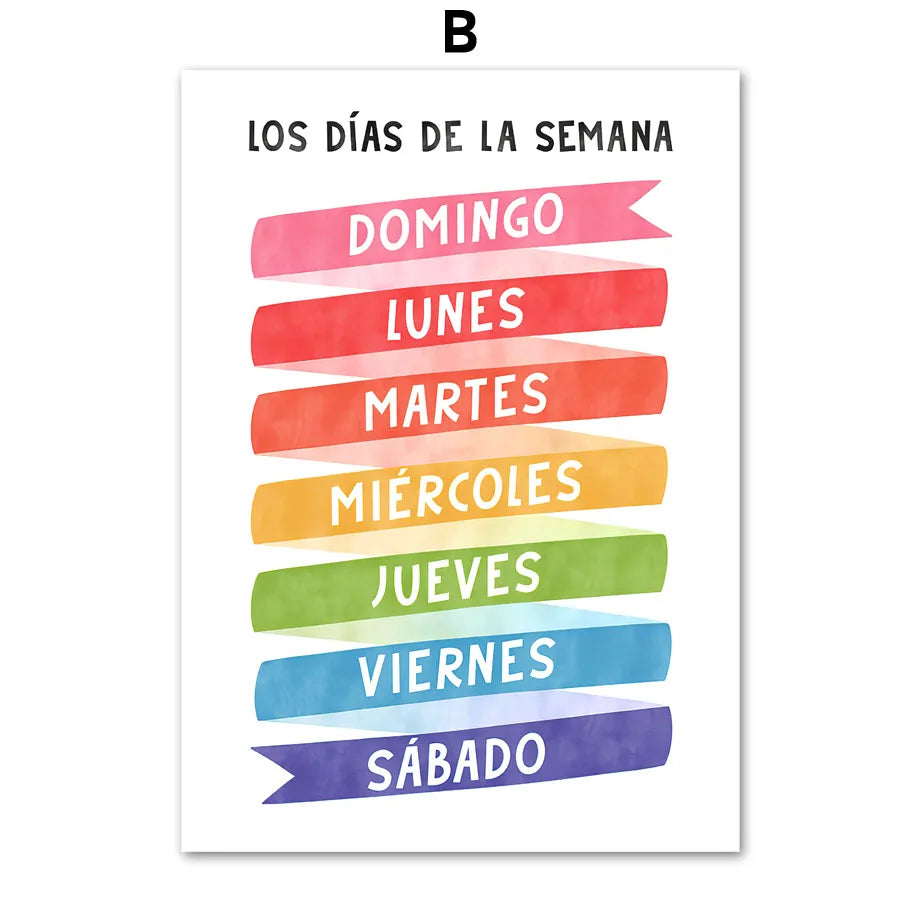 Educational Spanish Alphabet Number Weather Nursery Wall Art Canvas Painting Posters And Prints Picture For Baby Kids Room Decor