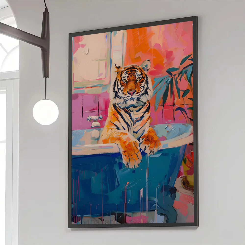 Colorful Bathtub Animal Tiger Zebra Black Cat Aesthetic Poster Paper Print Home Bedroom Entrance Cafe Art Painting Decoration
