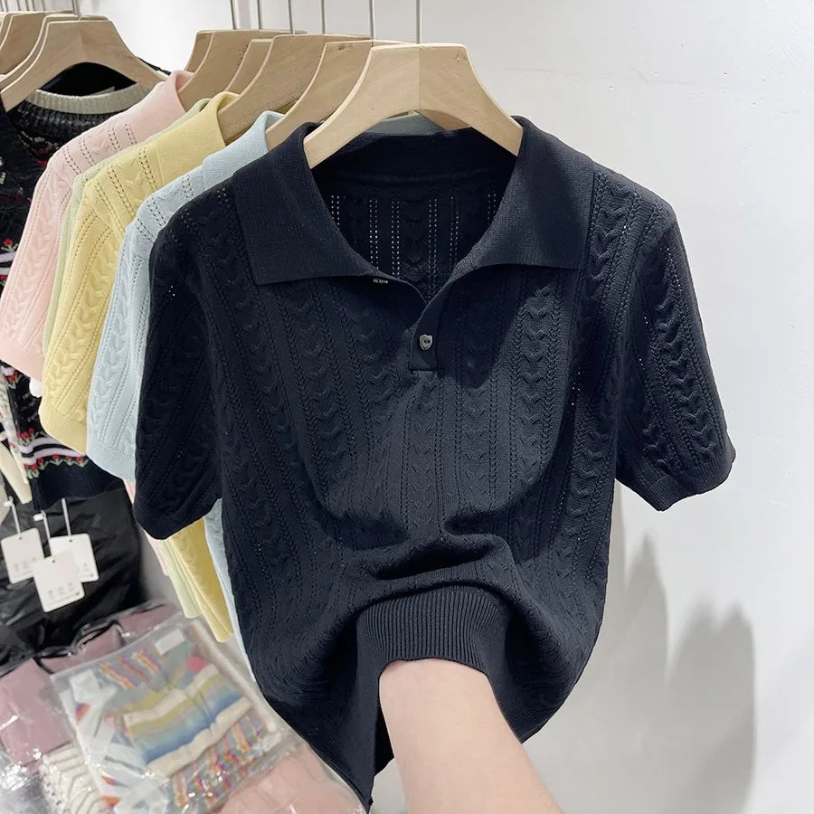 Summer Soft and Sticky POLO Collar Ice Silk Knitted Sweater for Women with A Niche Short Sleeved Design and Thin Top