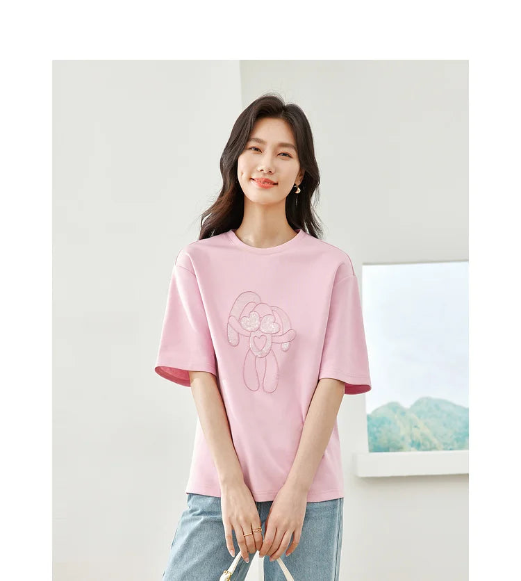Vimly Summer Short Sleeve Women's T-shirt Simple Round Neck Straight Loose Casual Embroidery Cotton Top Basic Tees M5617