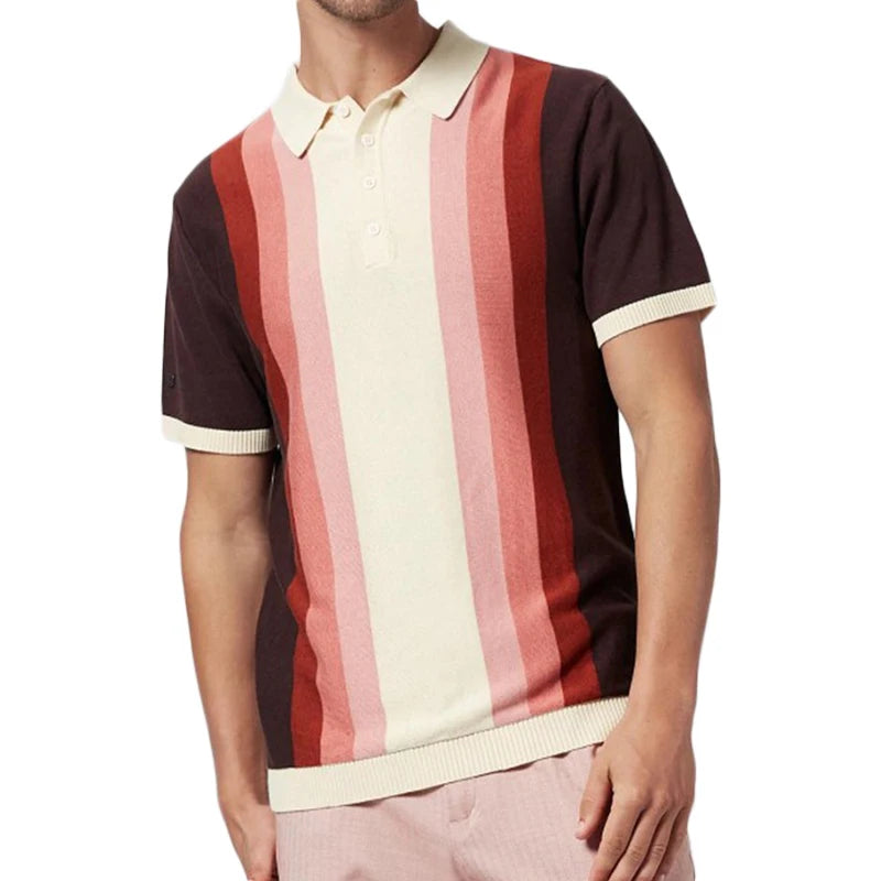 Vintage Patchwork Buttoned Lapel Mens Polo Shirts Knitting Short Sleeve Slim Fit Pullovers Men Summer Casual Knitted Polo Shirt