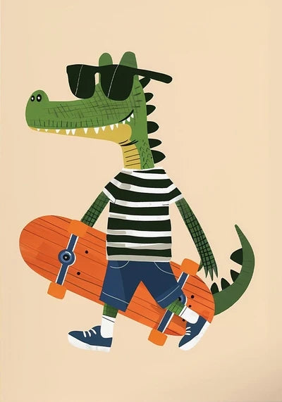 Funny Animals Rabbit Dog Bear Cat Lion Skateboard Posters Prints Crocodile Wall Art Canvas Nursery Pictures for Kids Room Decor