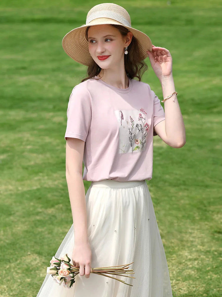 I BELIEVE YOU Women's Pink Top Heat Transfer Pattern Embroidery Round Neck Short Sleeve New Style Summer Chic T-Shirt 2252016049