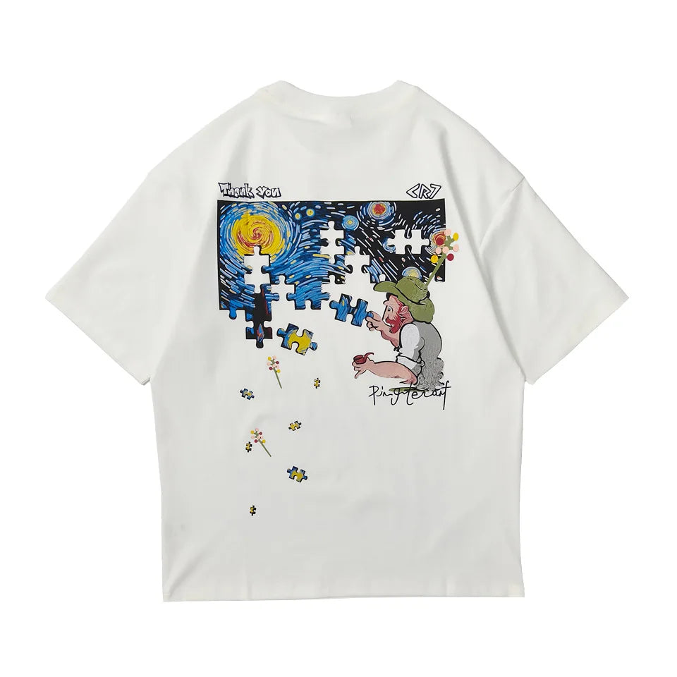 Embroidered short sleeved T-shirt Men's 2025 New Summer trend Jigsaw print loose Tee Casual versatile tops clothing