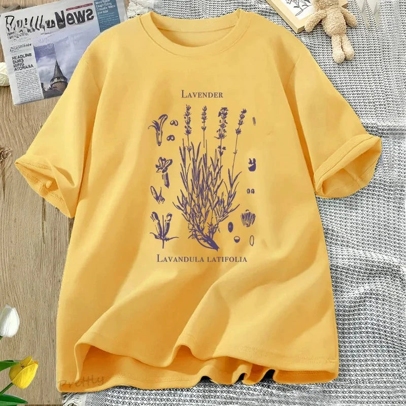 Retro Lavender Graphic T-Shirt Wildflowers Nature Botanical T Shirt Women Short Sleeve Round Neck Tshirt Harajuku Clothes Tees