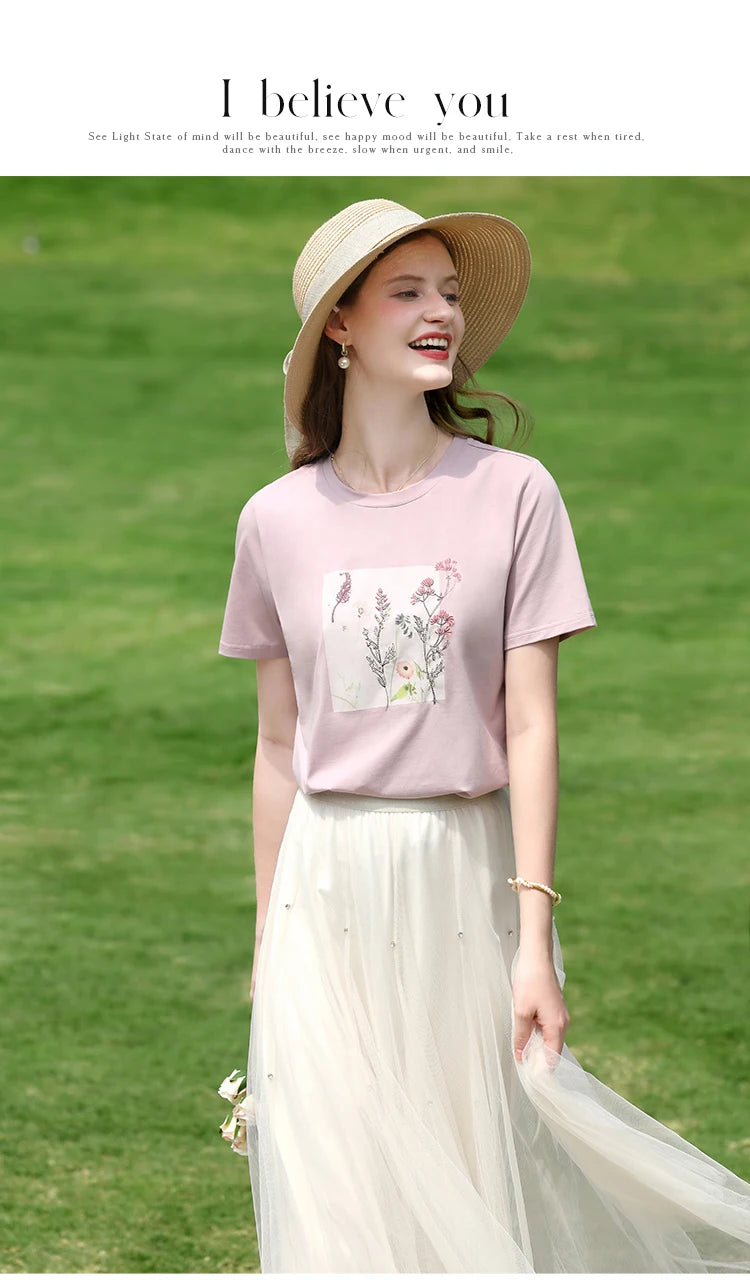 I BELIEVE YOU Women's Pink Top Heat Transfer Pattern Embroidery Round Neck Short Sleeve New Style Summer Chic T-Shirt 2252016049