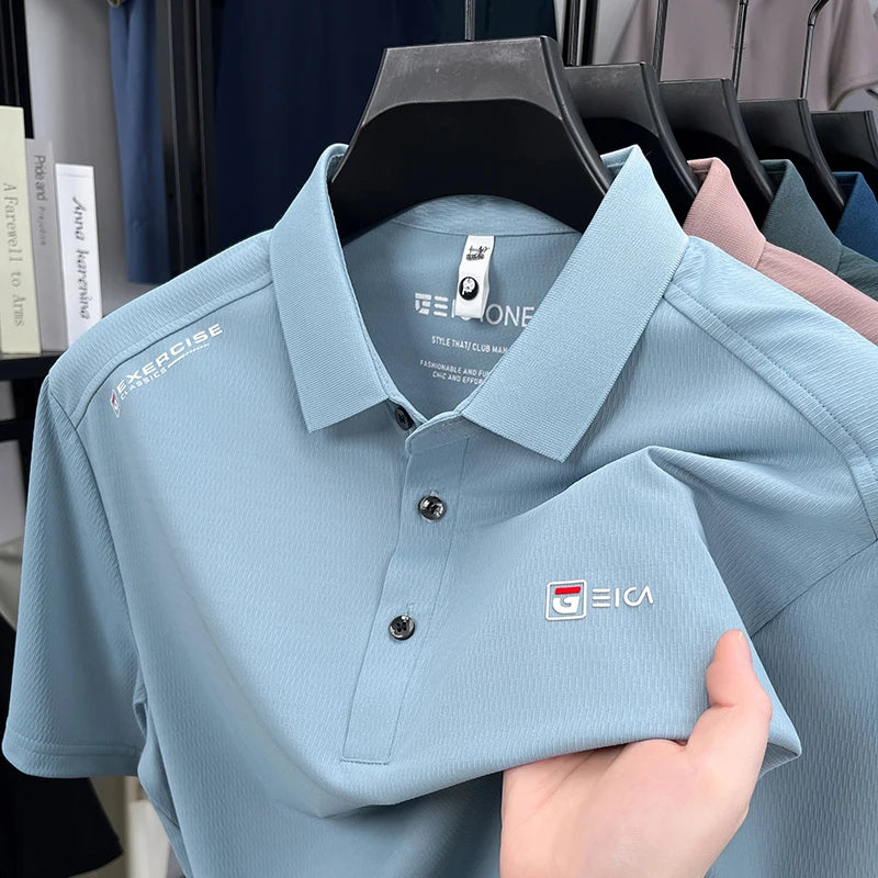 Luxury fashion men's short sleeve polo shirt summer new trend brand symbol embossed silky smooth loose breathable lapel T-shirt