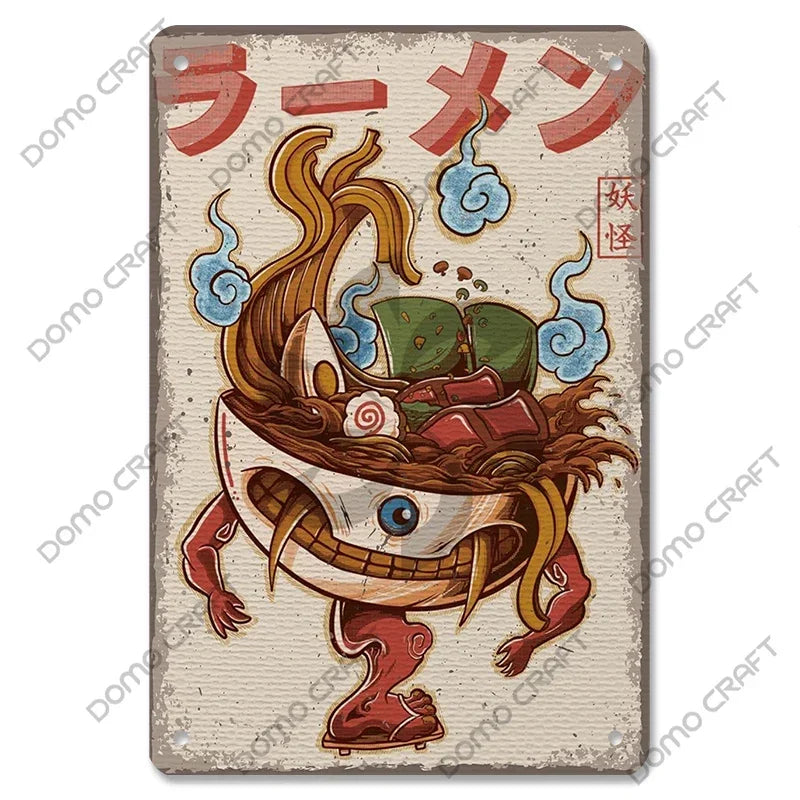 Retro Japanese Cartoon Comics Poster Metal Plate Takoyaki Noodles Fish Metal Sign Dining Room Club Wall Decor