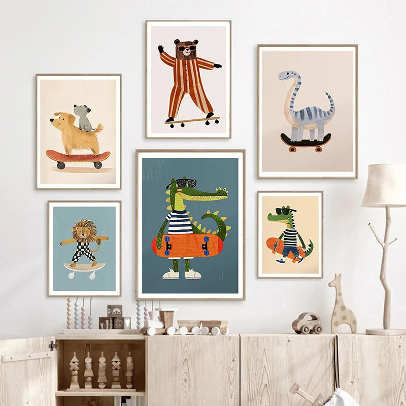 Funny Animals Rabbit Dog Bear Cat Lion Skateboard Posters Prints Crocodile Wall Art Canvas Nursery Pictures for Kids Room Decor