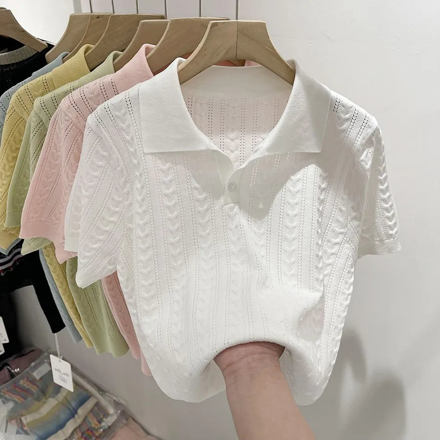 Summer Soft and Sticky POLO Collar Ice Silk Knitted Sweater for Women with A Niche Short Sleeved Design and Thin Top