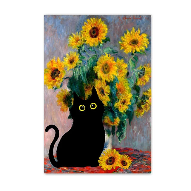Funny Black Cat Wall Art Van Gogh Starry Night Poster Abstract Famous Reproduction Canvas Painting Aesthetic Room Home Decor