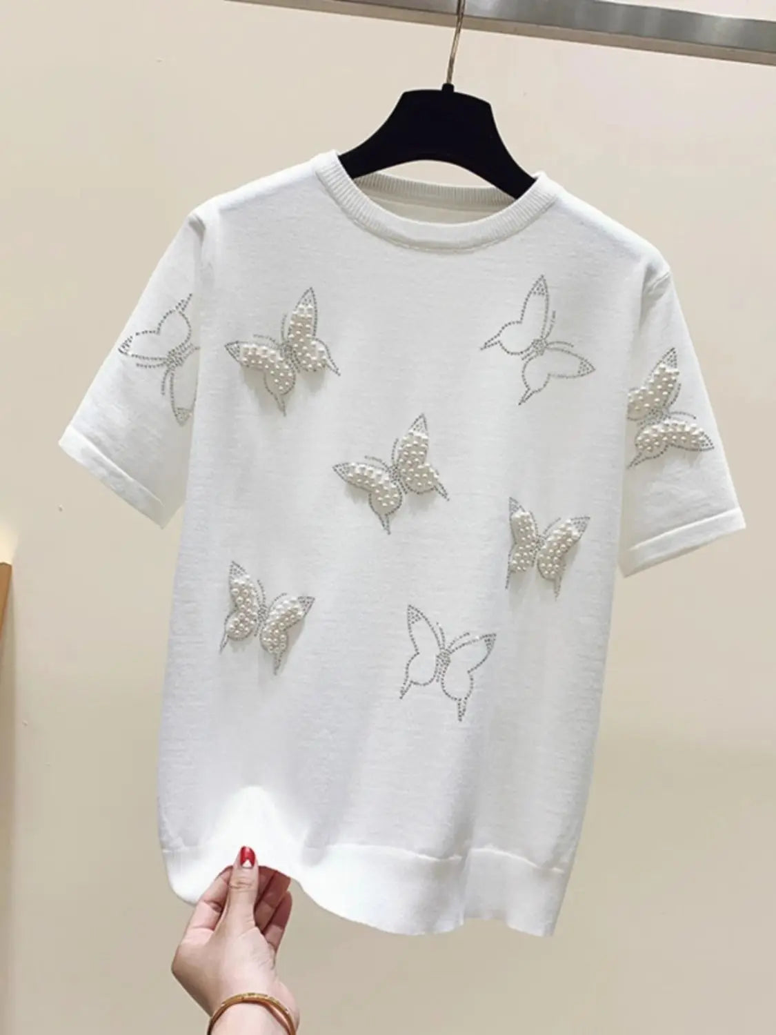 Women Clothing Chic Bow Knot Embroidered Flares T-shirt Summer Elegant O-neck Short Sleeve Knit Top Tee Office Lady Pullovers