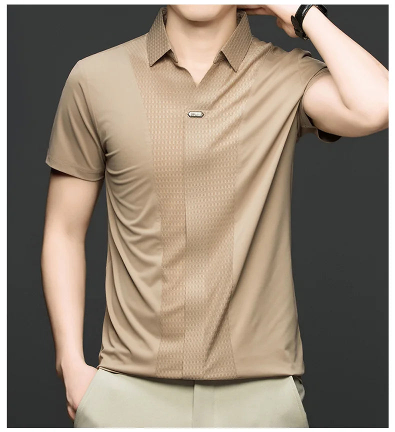 Personality jacquard splicing short sleeve Polo shirt men ice silk breathable high quality fashionable buttonless V-neck T-shirt