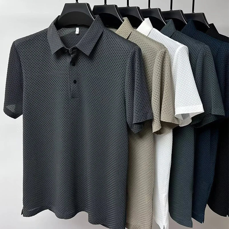 2025 Men's Business Casual Short Sleeved Bone Flower Solid Color POLO Shirt Fashion Breathable Comfortable Summer Versatile Top