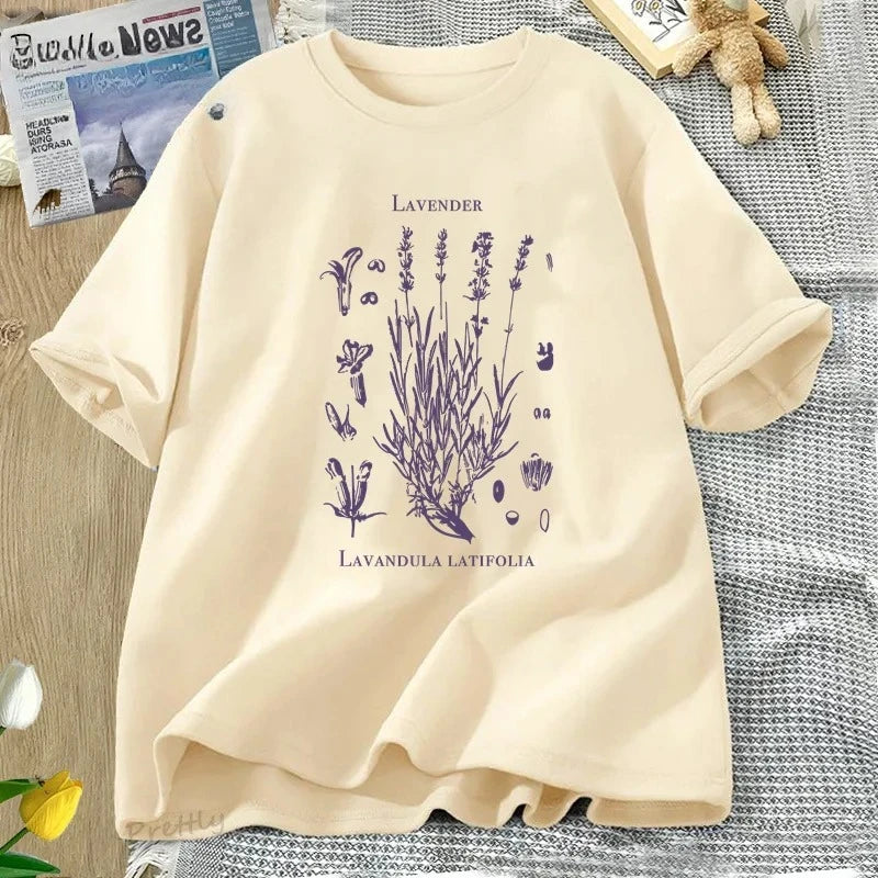 Retro Lavender Graphic T-Shirt Wildflowers Nature Botanical T Shirt Women Short Sleeve Round Neck Tshirt Harajuku Clothes Tees