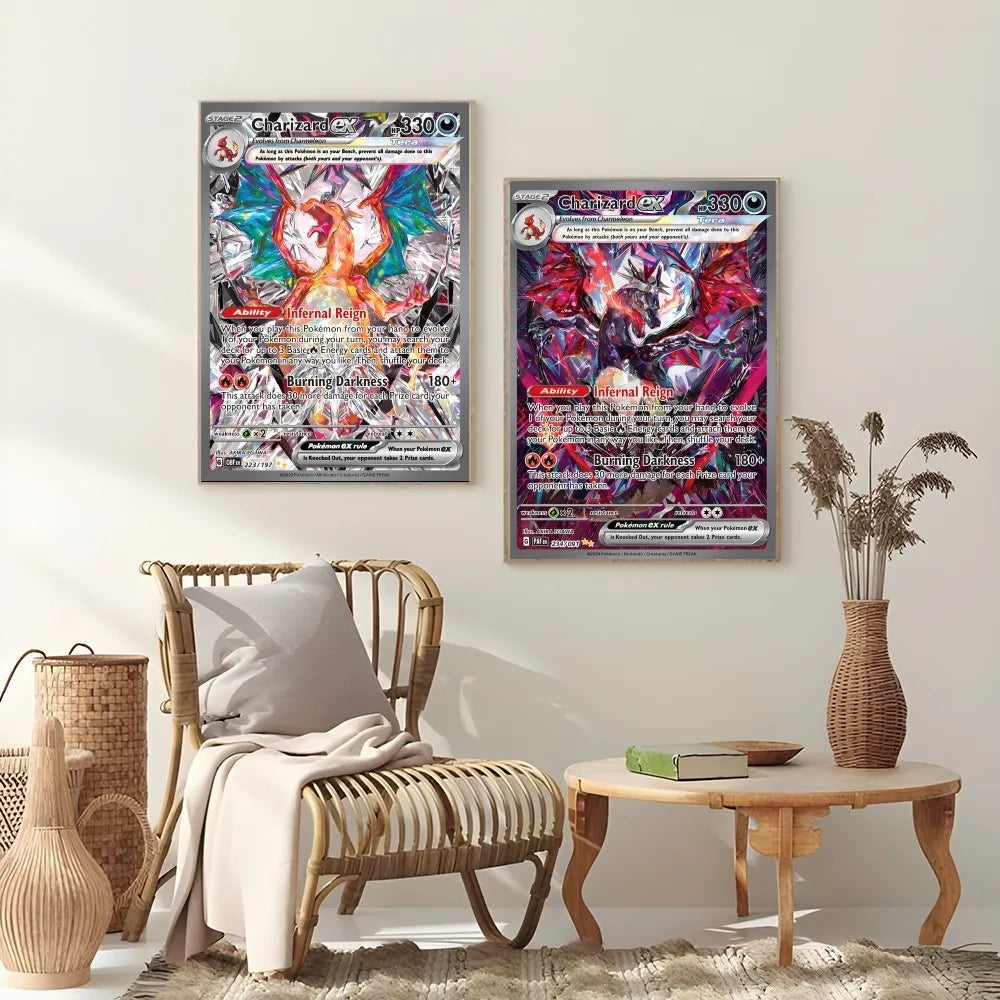 Japanese Anime Rare Charizard Cartoon Card Poster Sticky Wall Art Printing Waterproof Home Living Bed Room Bar Aesthetic Decor