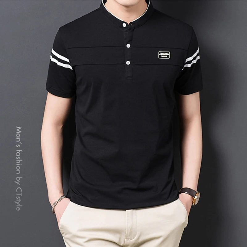 2025 Men's Casual Fashion Solid Color Short Sleeved Polo Shirt Stand Up Collar Versatile Comfortable Top