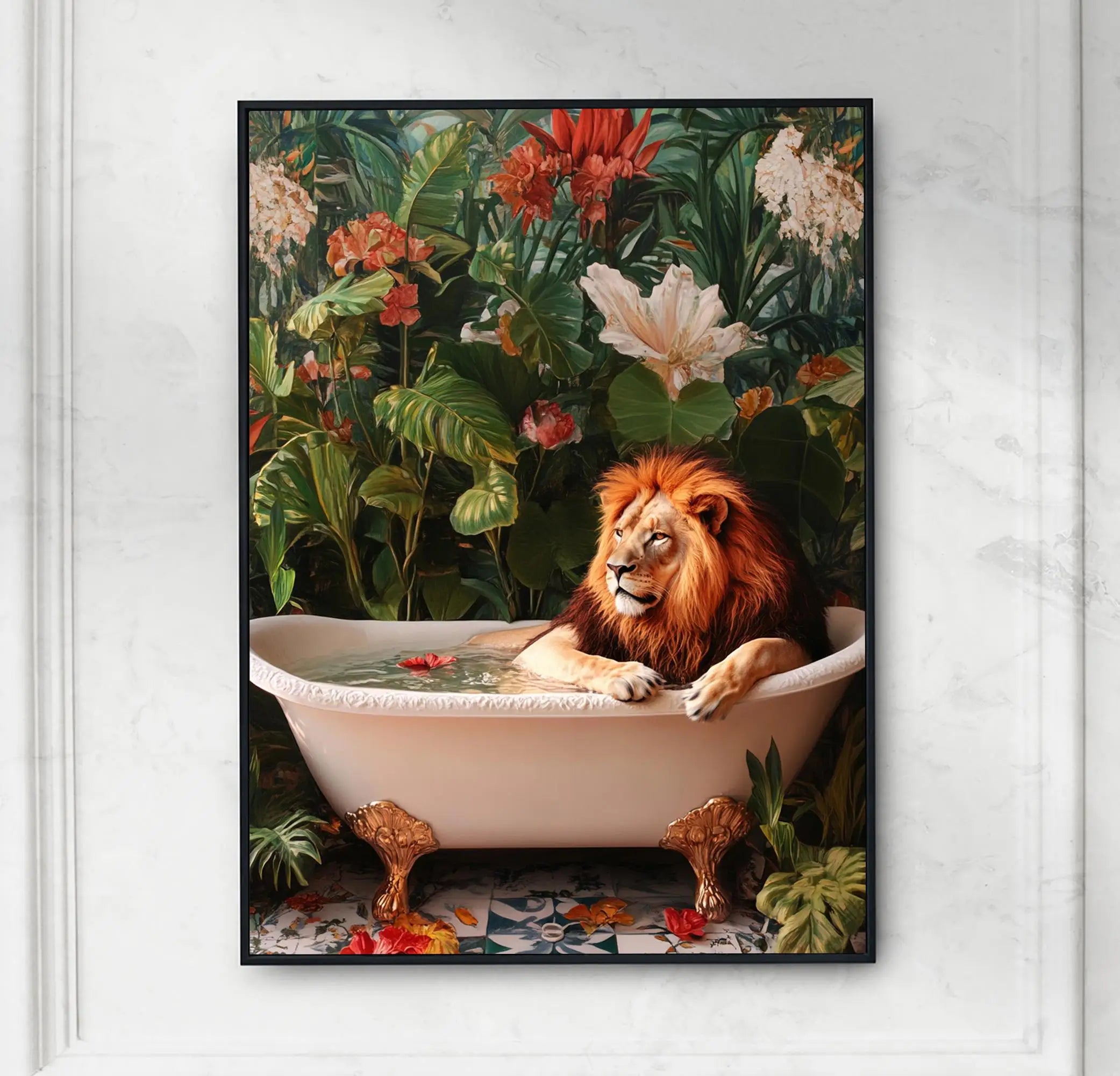 Relaxing Animal on Pool Float Summer Tropical Poster Lion Tiger Cat Canvas Painting Wall Art Fun Bathroom Living Room Home Decor