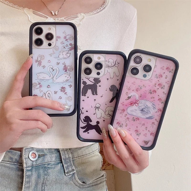 Wildflower 3D Sweet Swan Lake Phone Case for iPhone 16 15 14 13 12 Pro Max Plus 16pro 15pro Ins Puppy WF Cute Cartoon Cover