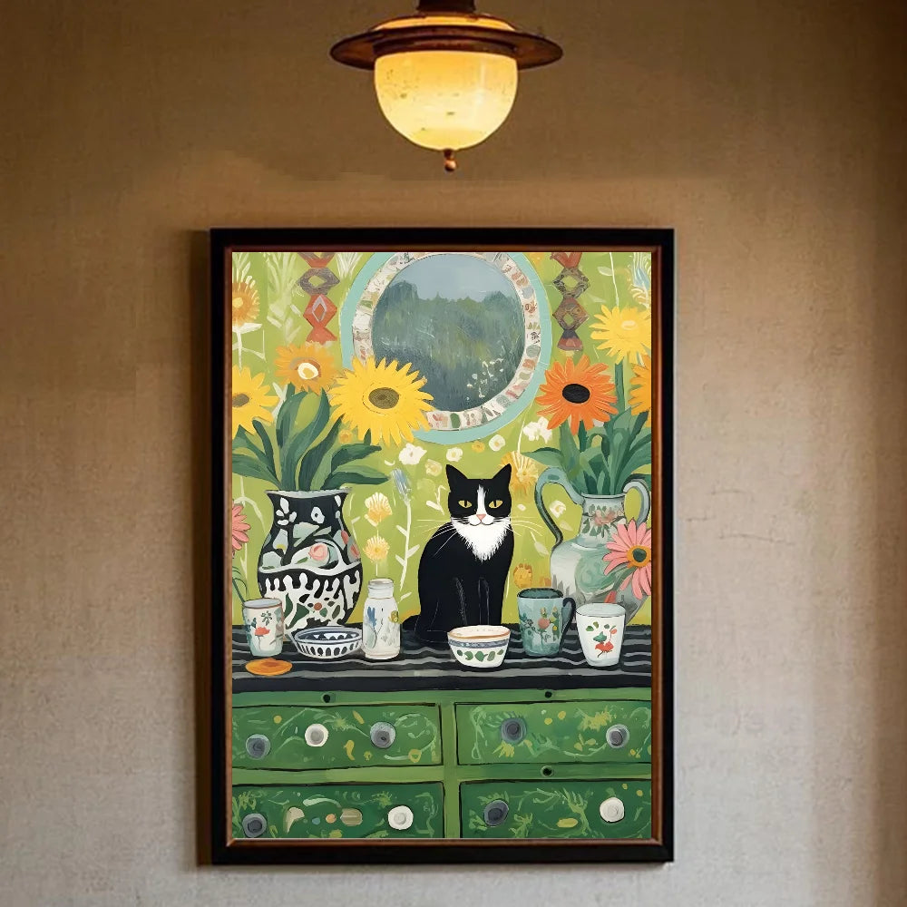 Art Green bedroom and cat Poster HD art sticky wall waterproof home living room bedroom bar aesthetic decoration
