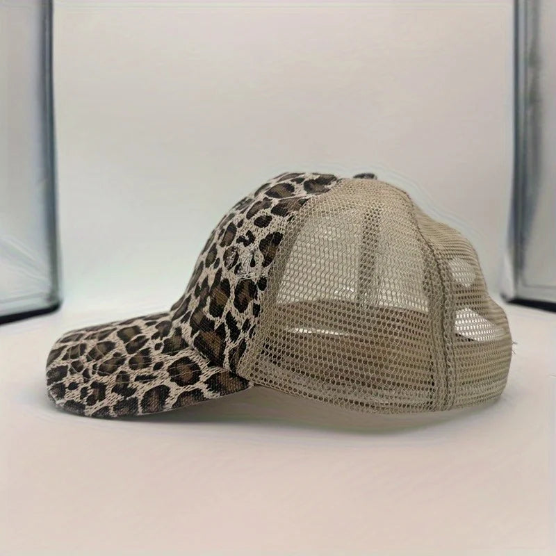 Leopard Print Baseball Cap, Stylish Ponytail Hole, Breathable Mesh Back, Adjustable Trucker Hat for Women - Perfect for Street