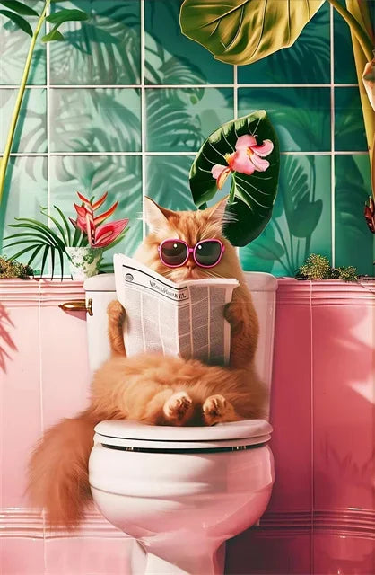 Funny Cat on Toilet Wall Art Cat Reading Newspaper Canvas Posters Print Picture for Home Bathroom Living Room Decor No Frame