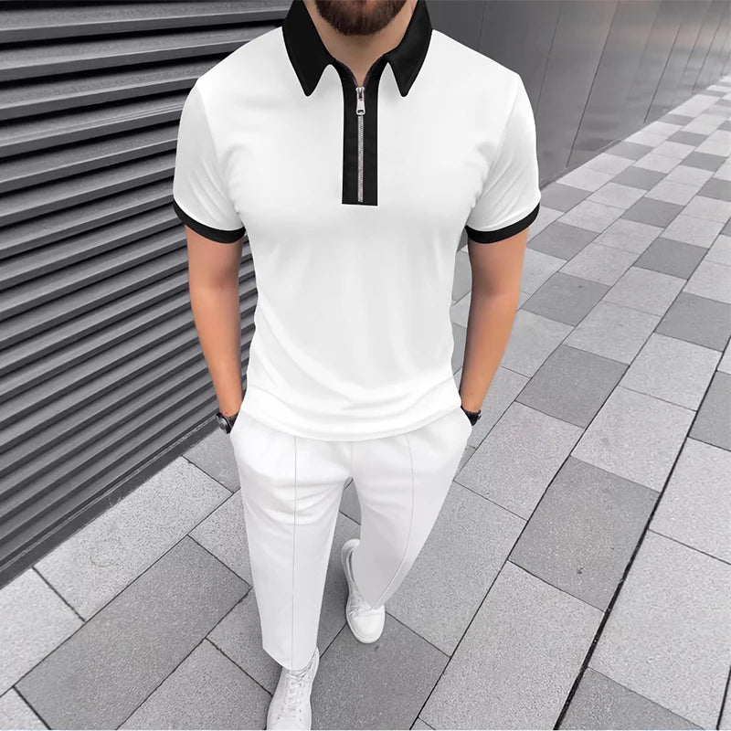 Daily Casual Mens Short Sleeve Outfits Spring Summer Leisure Zipper Lapel Polo Shirt And Pants Two Piece Sets Men Vintage Suits