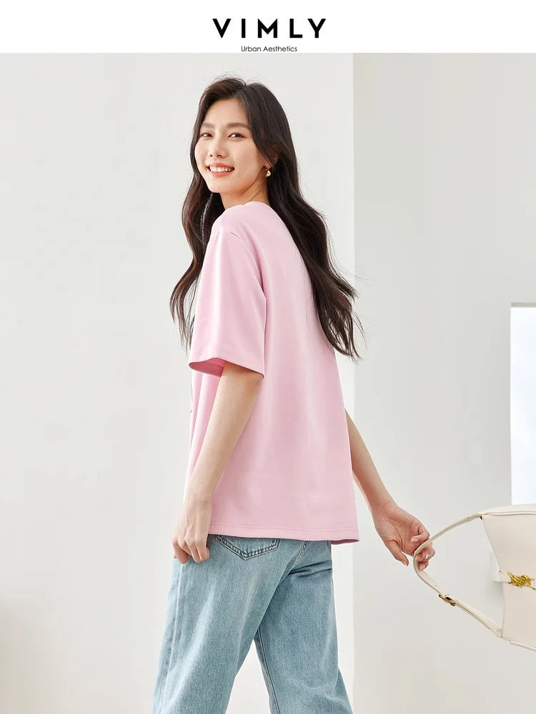Vimly Summer Short Sleeve Women's T-shirt Simple Round Neck Straight Loose Casual Embroidery Cotton Top Basic Tees M5617