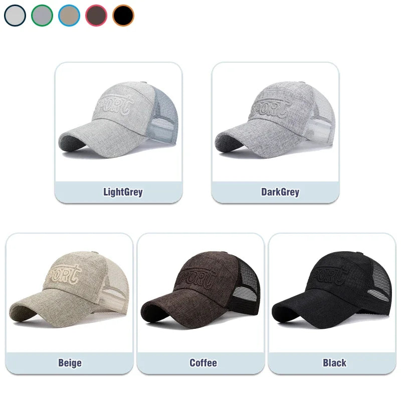 New Fashion Outdoor Sport Baseball Cap Casual Snapback Hats linen mesh fabric embroidery Suitable for spring summer and autumn