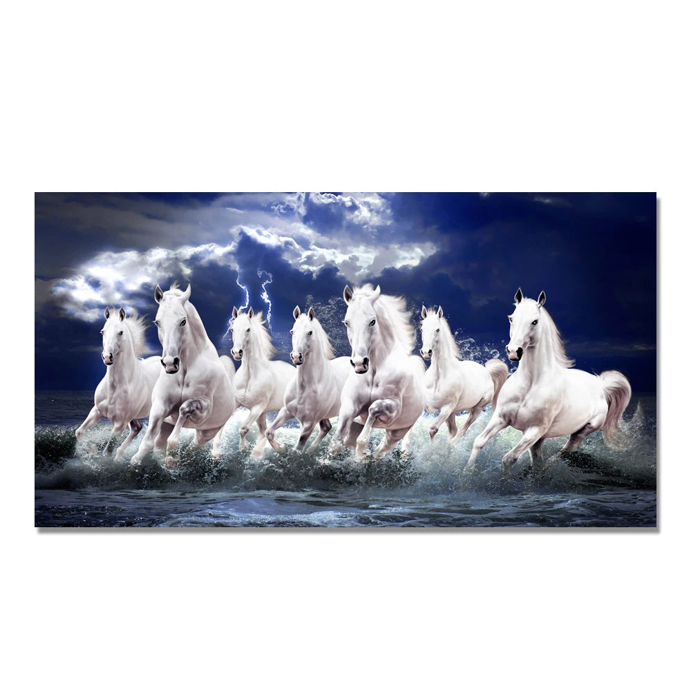 7 White Running Horses Canvas Painting Animal Posters and Prints Wall Art Picture