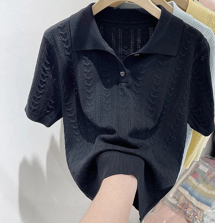 Summer Soft and Sticky POLO Collar Ice Silk Knitted Sweater for Women with A Niche Short Sleeved Design and Thin Top