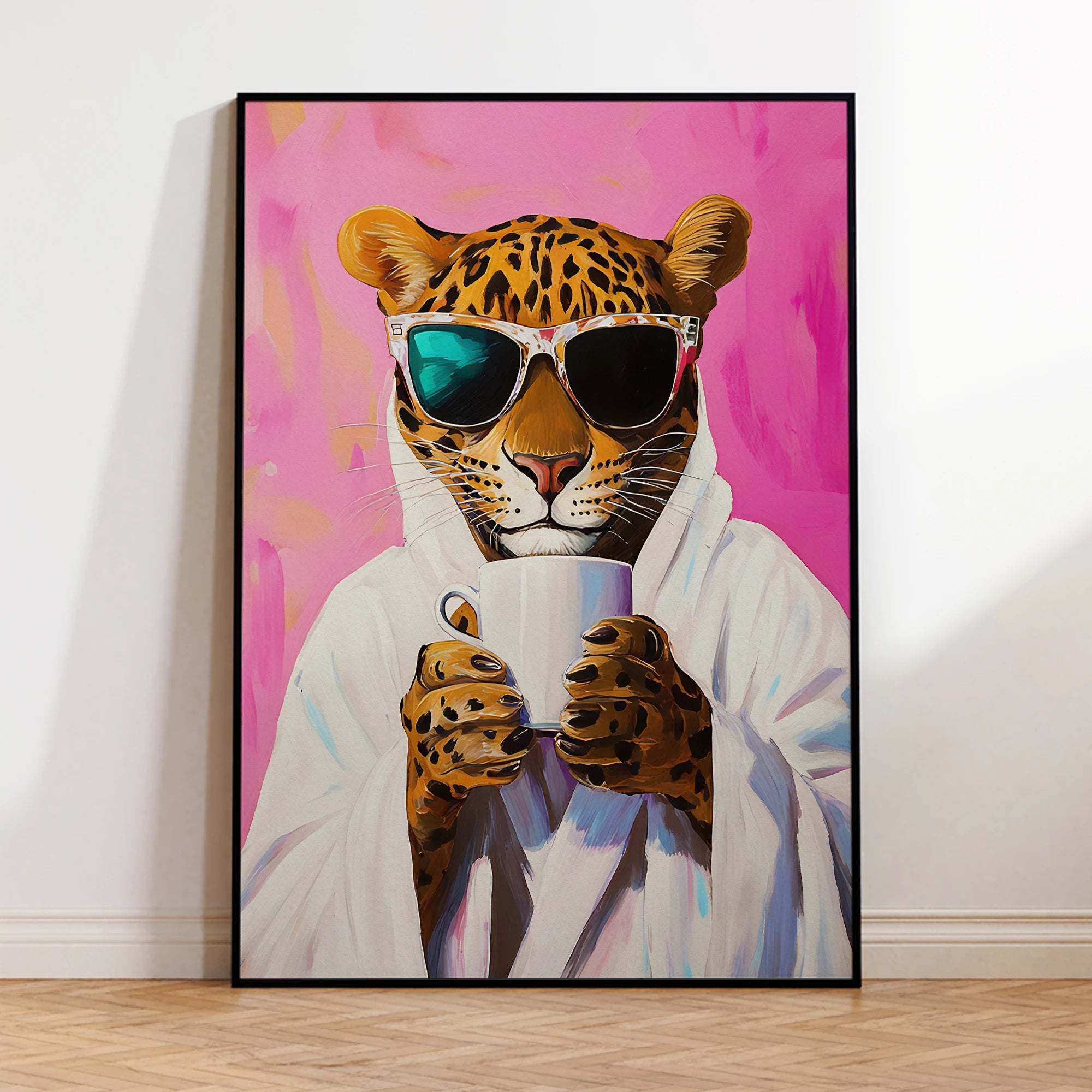 Modern Pink Leopard Print Drinks Coffee Dopamine Wall Art Prints Canvas Painting Poster Picture For Living Room Home Decor