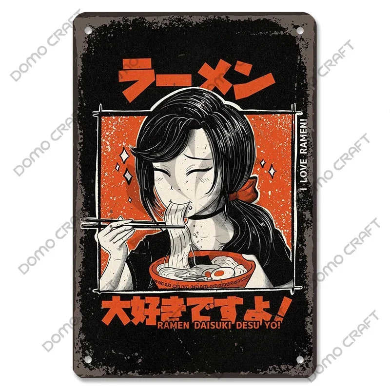 Retro Japanese Cartoon Comics Poster Metal Plate Takoyaki Noodles Fish Metal Sign Dining Room Club Wall Decor