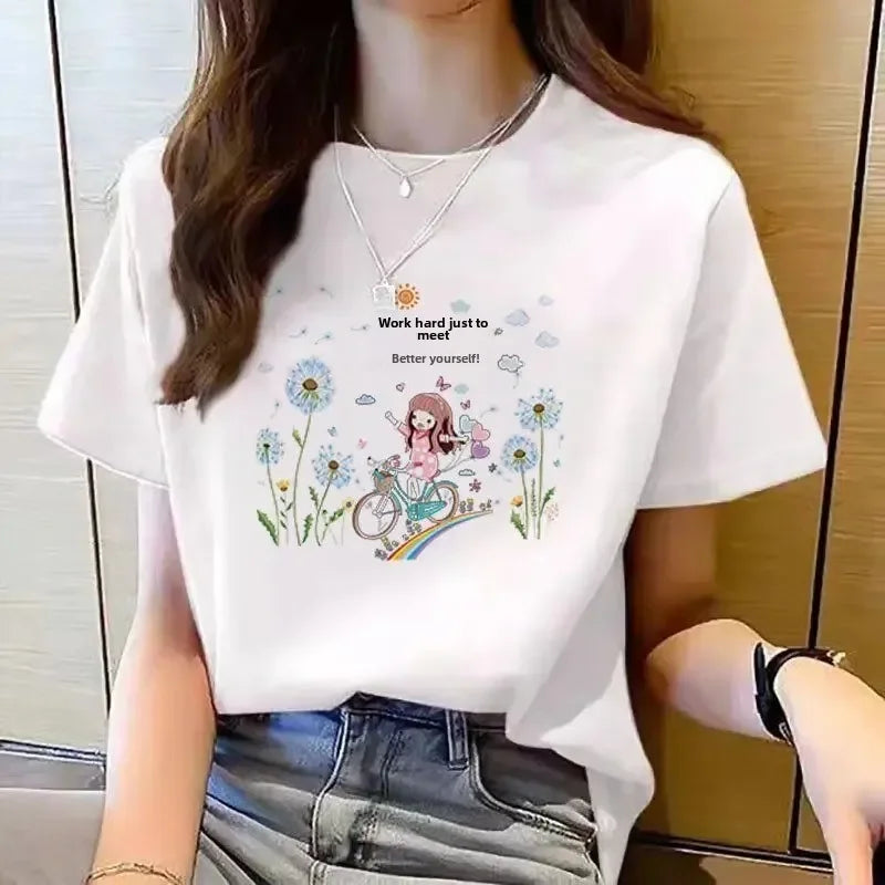 White Women's T-shirt Spring Summer Loose Fit Crew Neck Short Sleeve Base Shirt Inner Wear Versatile Stylish Base Layer Top