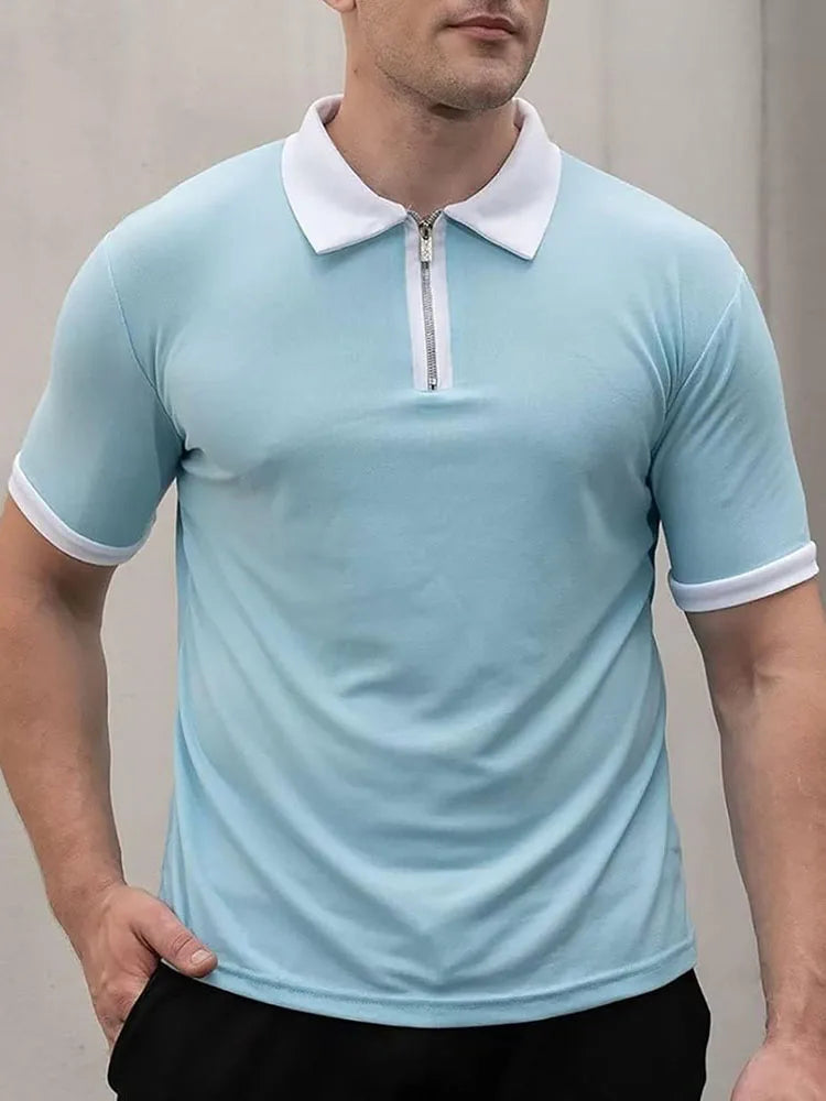 Summer Men's Polo Shirt Contrast Color Half Zipper Turn-down Collar Breathable Short Sleeve Tops Male Casual T-shirts