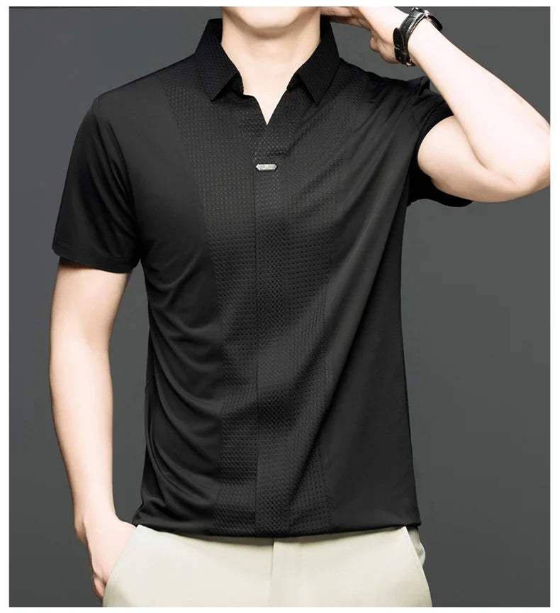 Personality jacquard splicing short sleeve Polo shirt men ice silk breathable high quality fashionable buttonless V-neck T-shirt