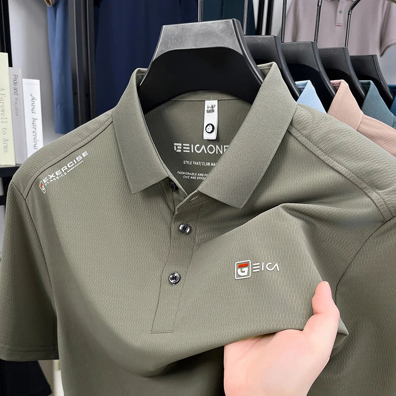 Luxury fashion men's short sleeve polo shirt summer new trend brand symbol embossed silky smooth loose breathable lapel T-shirt