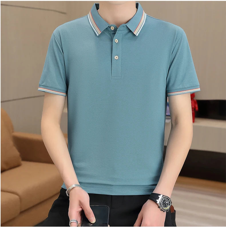2025 Summer Casual Super Stretch Polo T-Shirt Men Turn Down Collar Slim Fit Solid Color Golf Top For Men Plus Size 4XL