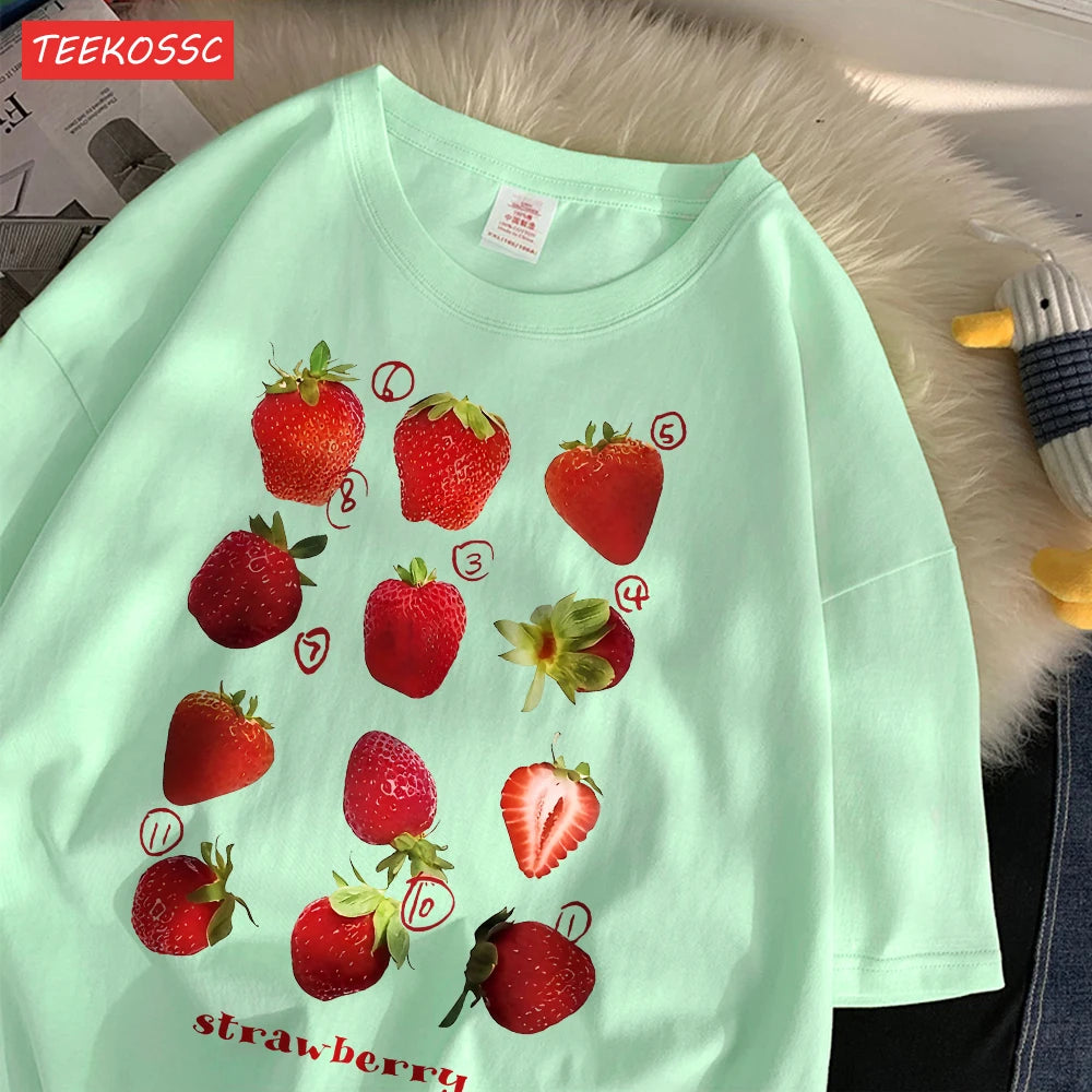100% Cotton Women T-shirt Cute Fresh Strawberries Printed Tee Shirt Summer Comfortable Loose Tops Street Fashion Female Clothes