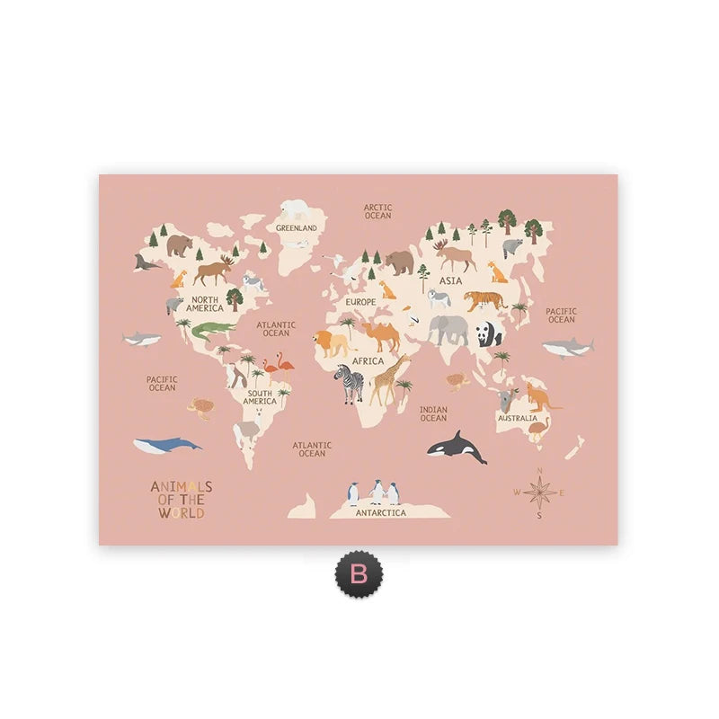 World Map Canvas Painting Pastel Animal Theme Educational Wall Art Nordic Posters and Prints Pictures for Kids Room Decoration