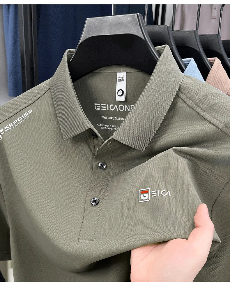 Luxury fashion men's short sleeve polo shirt summer new trend brand symbol embossed silky smooth loose breathable lapel T-shirt