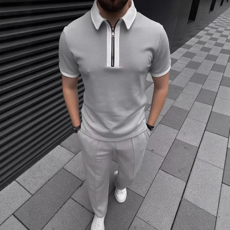 Daily Casual Mens Short Sleeve Outfits Spring Summer Leisure Zipper Lapel Polo Shirt And Pants Two Piece Sets Men Vintage Suits