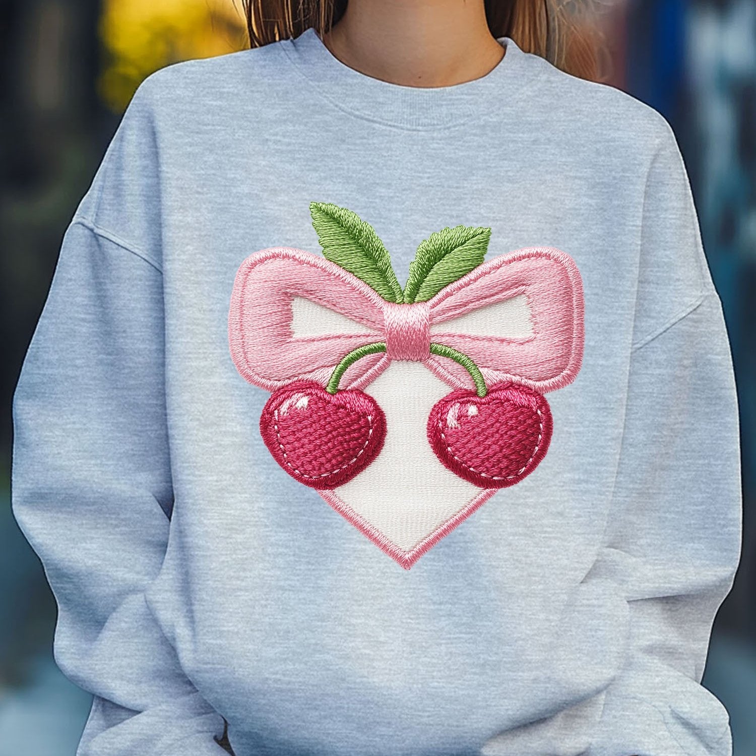 Women's Cherry Love Heart Bow Embroider Print Sweatshirt Pullover - Fall Loose Fit Long Sleeve Crew Neck Casual Comfy Cotton Knit Top with Floral Print, Machine Washable, Cute Style for Autumn/Winter