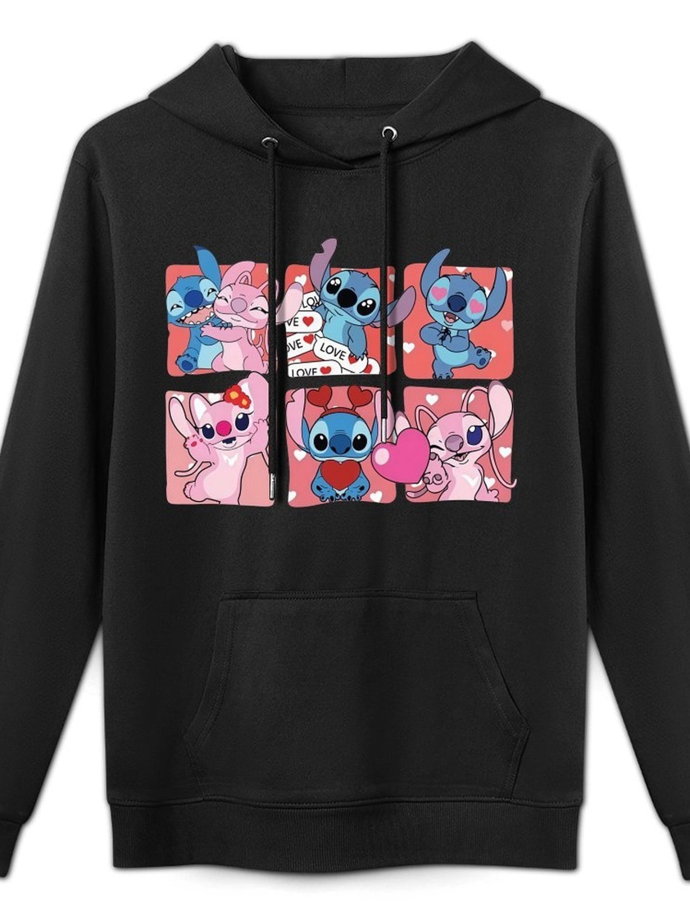 Disney Men's Black Retro Pullover Hoodie with Stitch & Angel Valentine's Digital Print, Soft Regular Fit Casual Sweatshirt, Machine Washable, Front Pocket, Disney Friends Graphic Design, Disney Hoodie, Durable Comfort Wear