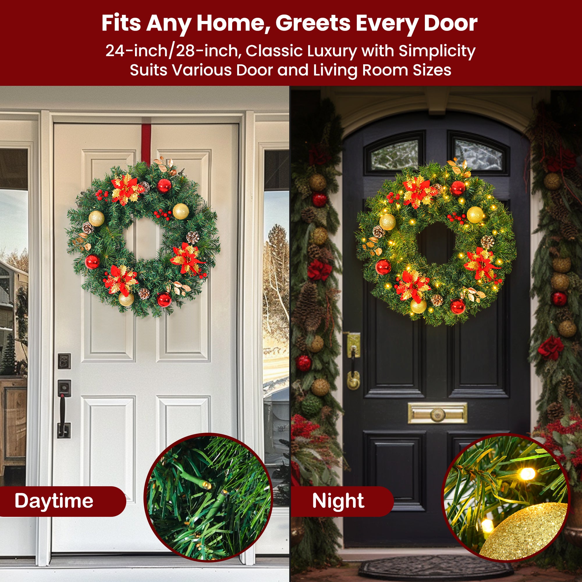 28inch 8 Modes Extra Large Pre-lit Christmas Wreath Artificial Deluxe Lighted Christmas Wreath Decorations Ornament with LED Lights Door Window Fireplace Decor Timer Function