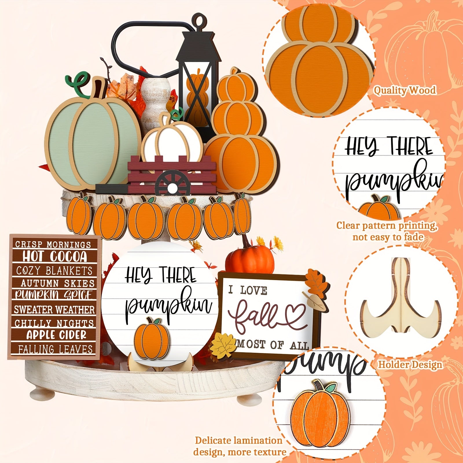 Thanksgiving Fall Tiered Tray Decorating Set - Fall Pumpkin Leaf Rustic Farmhouse Decorative Tray - Home Kitchen Wooden Tabletop Sign (Rustic)