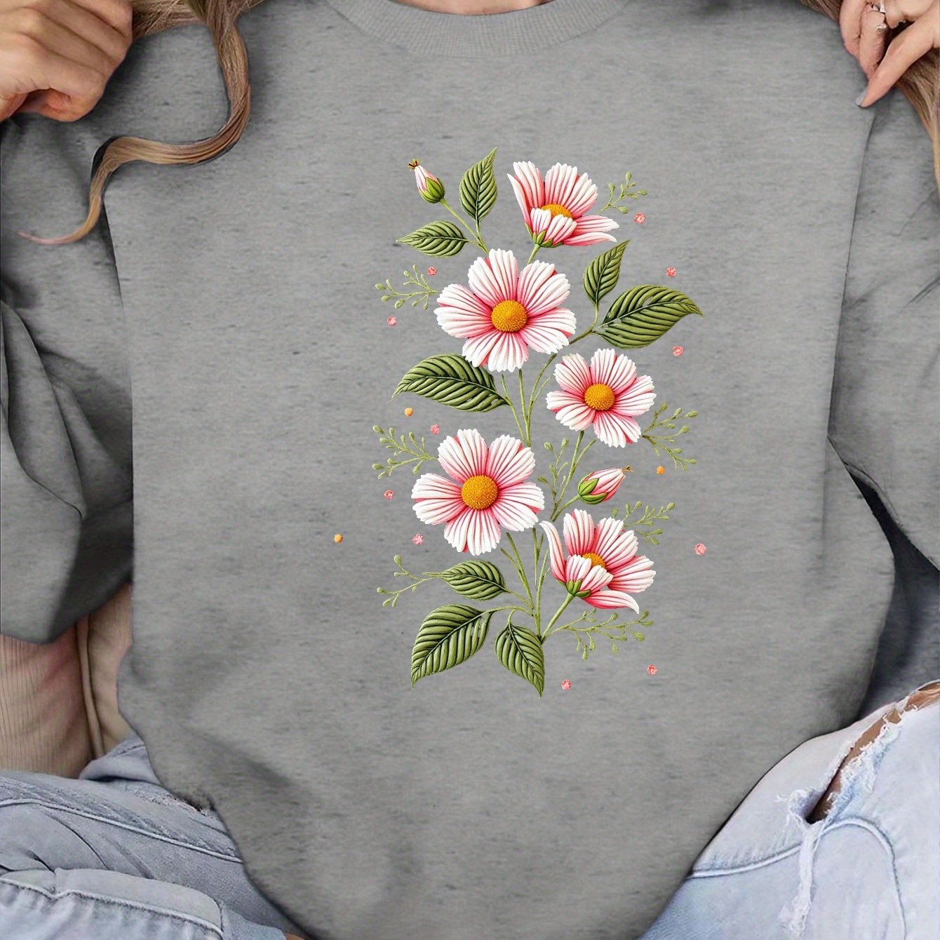 Embroidered Floral Design Women'S Plus Size Sweatshirt