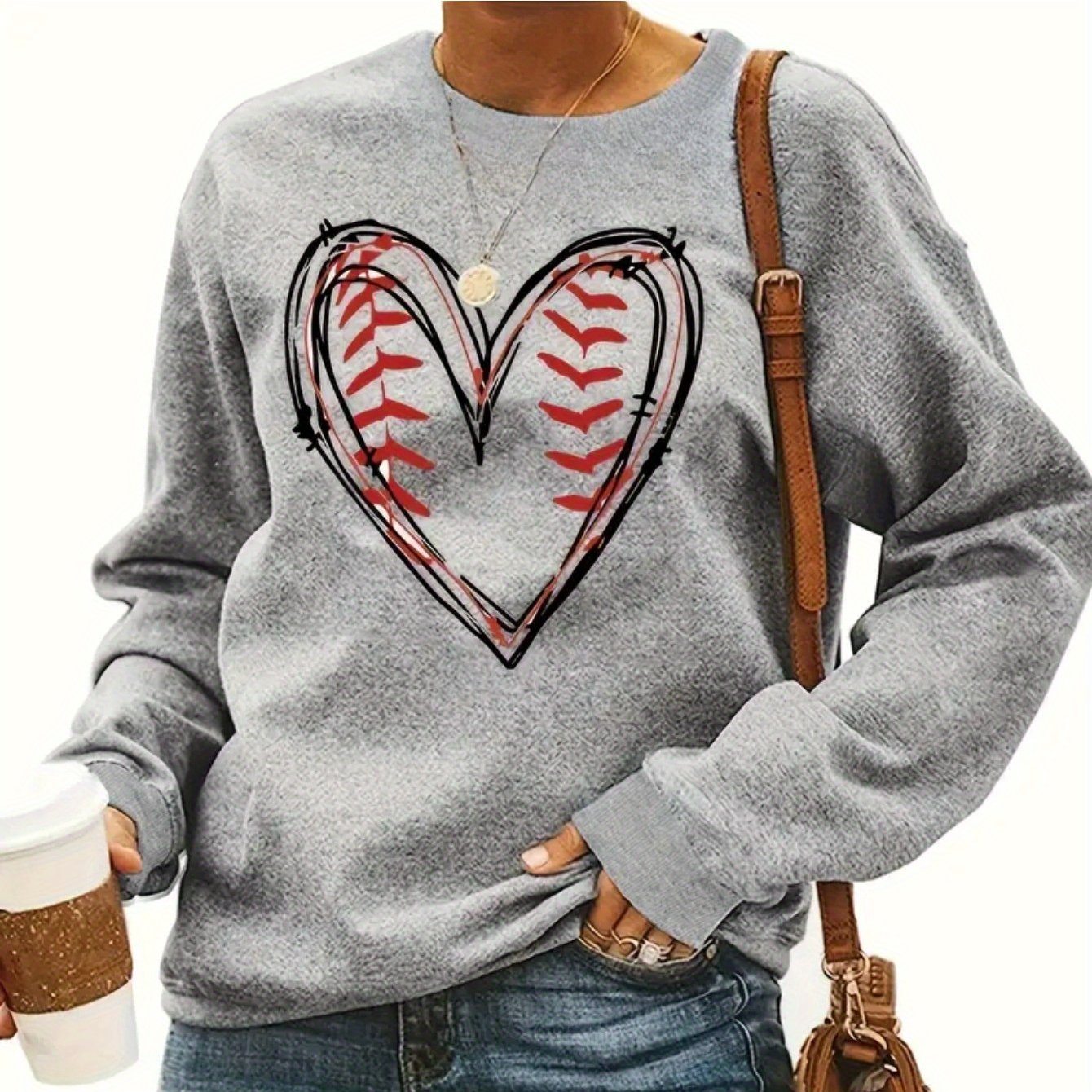 Women'S Casual Crew Neck Sweater, Cozy Heart Print Crew Neck Sweatshirt Long Sleeve Pullover for Autumn/ Winter, Knit Grey Sweatshirt